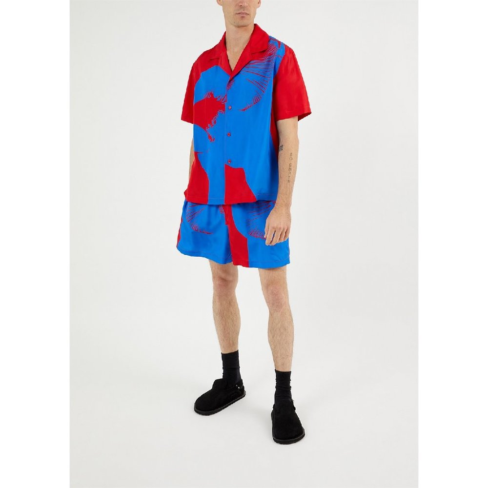 Bottega Veneta Mushroom Print Button Down Short Sleeve Shirt in Blue/Red Size 46